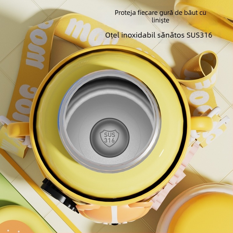 Termos pentru copii pentru școală, interior din oțel inox 316, exterior din oțel inox 304, design desen animat cu burtă mare, izolație 6–12 ore