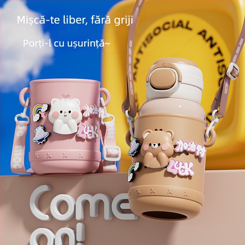 Termos pentru copii pentru școală, interior din oțel inox 316, exterior din oțel inox 304, design desen animat cu burtă mare, izolație 6–12 ore