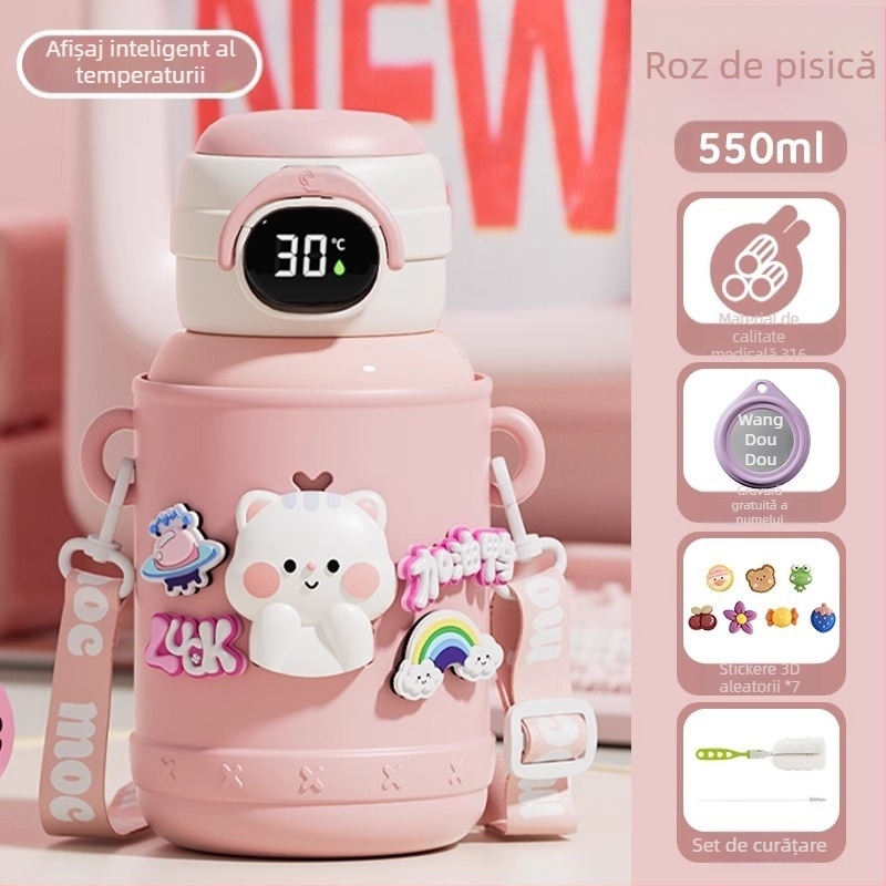 Termos pentru copii pentru școală, interior din oțel inox 316, exterior din oțel inox 304, design desen animat cu burtă mare, izolație 6–12 ore