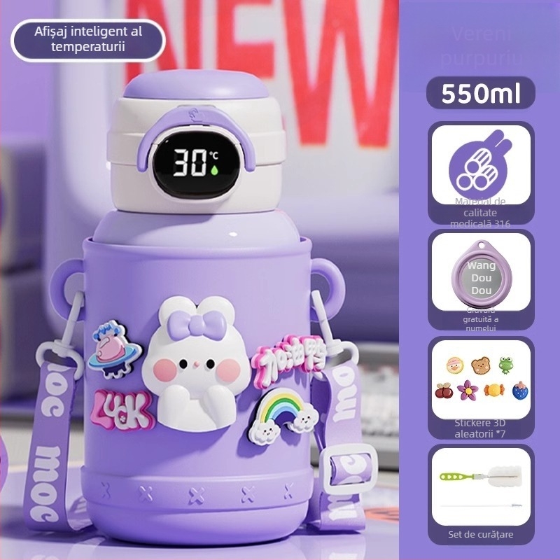 Termos pentru copii pentru școală, interior din oțel inox 316, exterior din oțel inox 304, design desen animat cu burtă mare, izolație 6–12 ore