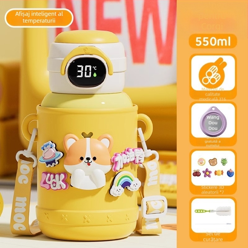 Termos pentru copii pentru școală, interior din oțel inox 316, exterior din oțel inox 304, design desen animat cu burtă mare, izolație 6–12 ore