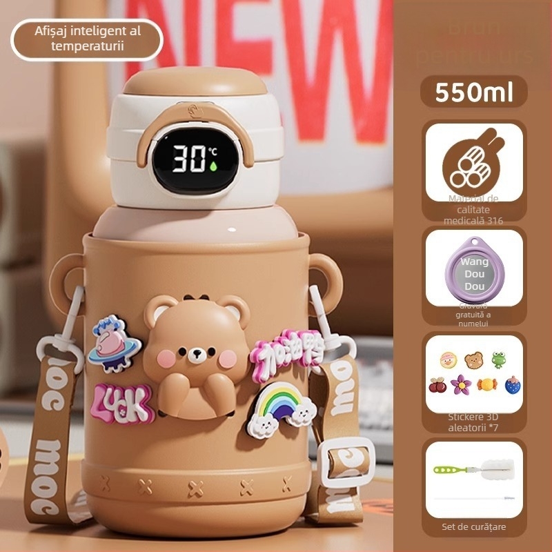 Termos pentru copii pentru școală, interior din oțel inox 316, exterior din oțel inox 304, design desen animat cu burtă mare, izolație 6–12 ore