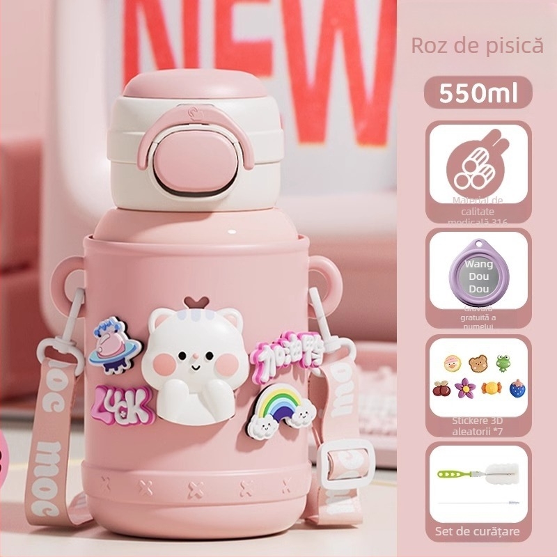 Termos pentru copii pentru școală, interior din oțel inox 316, exterior din oțel inox 304, design desen animat cu burtă mare, izolație 6–12 ore