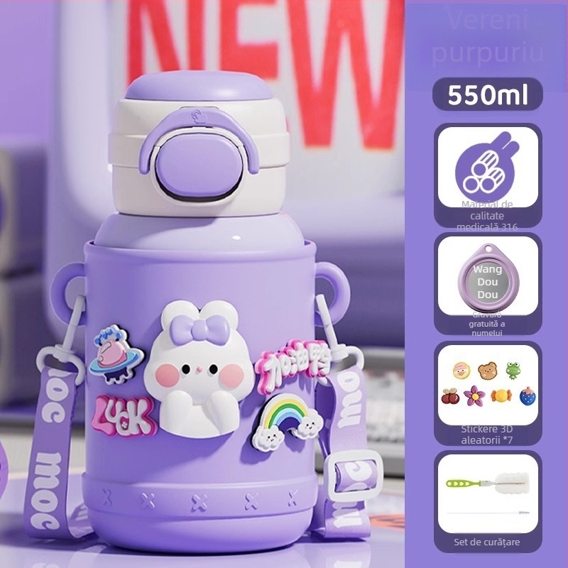 Termos pentru copii pentru școală, interior din oțel inox 316, exterior din oțel inox 304, design desen animat cu burtă mare, izolație 6–12 ore