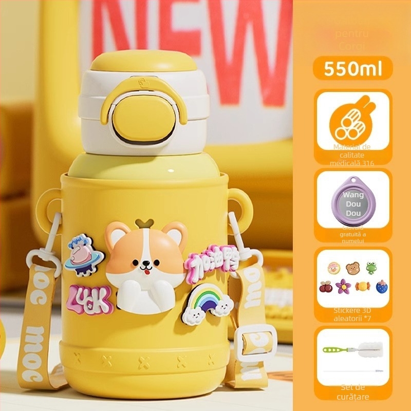 Termos pentru copii pentru școală, interior din oțel inox 316, exterior din oțel inox 304, design desen animat cu burtă mare, izolație 6–12 ore