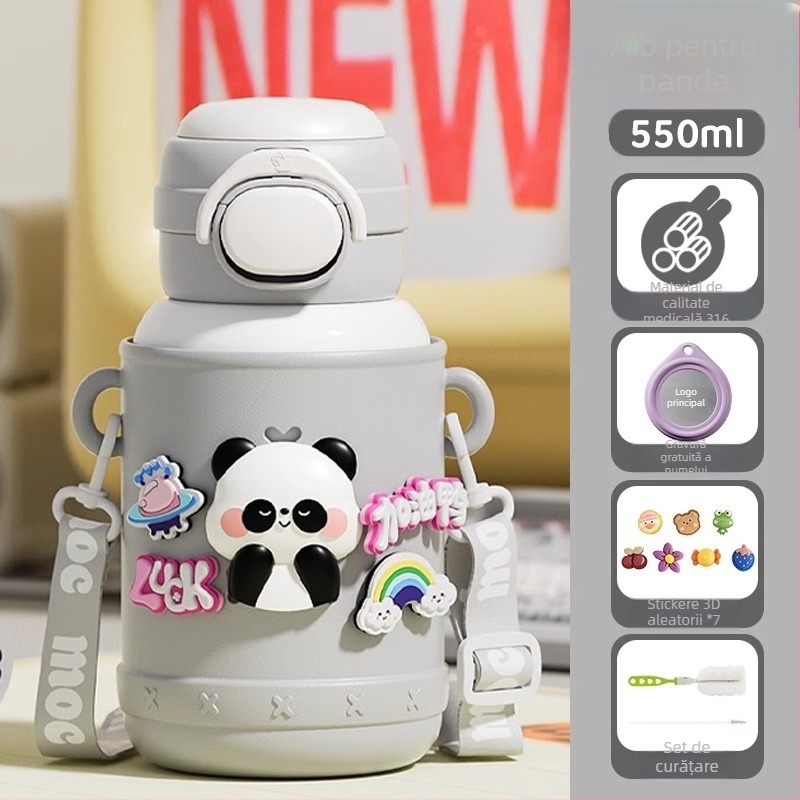 Termos pentru copii pentru școală, interior din oțel inox 316, exterior din oțel inox 304, design desen animat cu burtă mare, izolație 6–12 ore