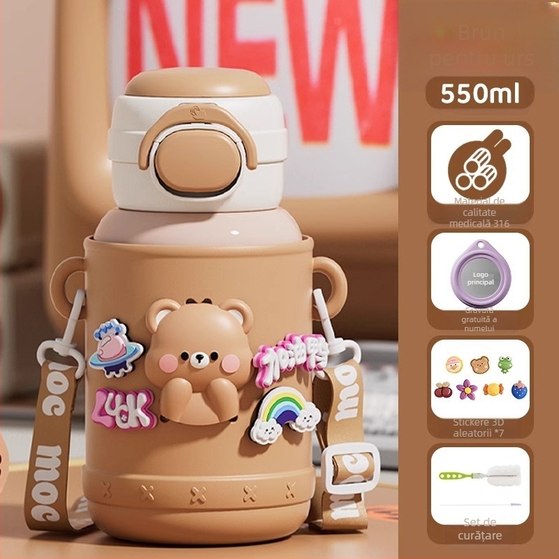 Termos pentru copii pentru școală, interior din oțel inox 316, exterior din oțel inox 304, design desen animat cu burtă mare, izolație 6–12 ore