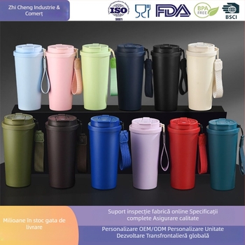 Termos cafea, a cincea generație, cu design de băut dublu, interior din oțel inoxidabil 304, exterior din oțel 201, izolație vid, capacitate mare