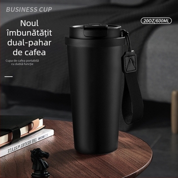 Termos cafea, a cincea generație, cu design de băut dublu, interior din oțel inoxidabil 304, exterior din oțel 201, izolație vid, capacitate mare