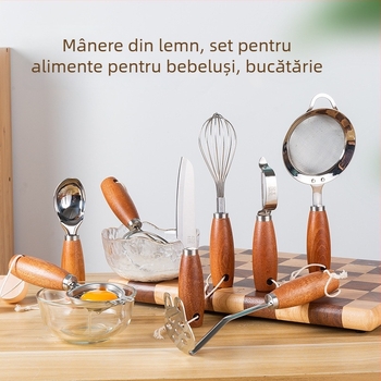 Jueshi Bățător pentru ouă cu mâner din lemn și separator de gălbenuș – Instrument din oțel inoxidabil, cu suport staționar, pentru bătut ouă, separare gălbenuș și filtrare pentru hrana bebelușilor