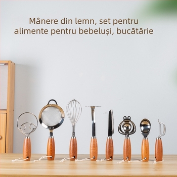 Jueshi Bățător pentru ouă cu mâner din lemn și separator de gălbenuș – Instrument din oțel inoxidabil, cu suport staționar, pentru bătut ouă, separare gălbenuș și filtrare pentru hrana bebelușilor