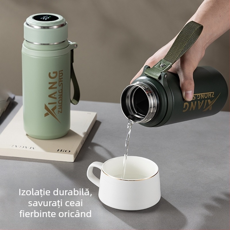 Termos cu funie pentru purtare, interior din oțel inoxidabil 316, carcasă din oțel inoxidabil 201, izolație vid 6–12 ore, logo personalizabil