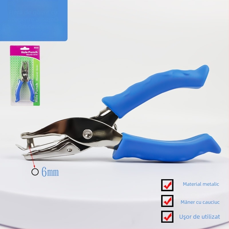 Perforator de mână cu mâner din cauciuc și corp metalic (Modelul 130BJ6G, 1 gaură, acționare manuală, greutate 87 g)