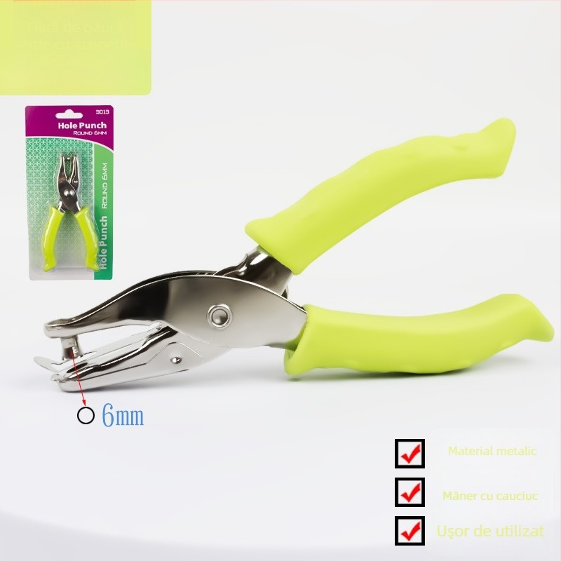 Perforator de mână cu mâner din cauciuc și corp metalic (Modelul 130BJ6G, 1 gaură, acționare manuală, greutate 87 g)