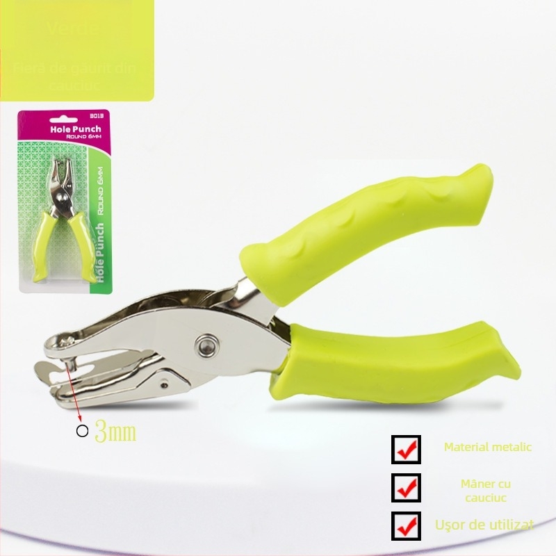 Perforator de mână cu mâner din cauciuc și corp metalic (Modelul 130BJ6G, 1 gaură, acționare manuală, greutate 87 g)