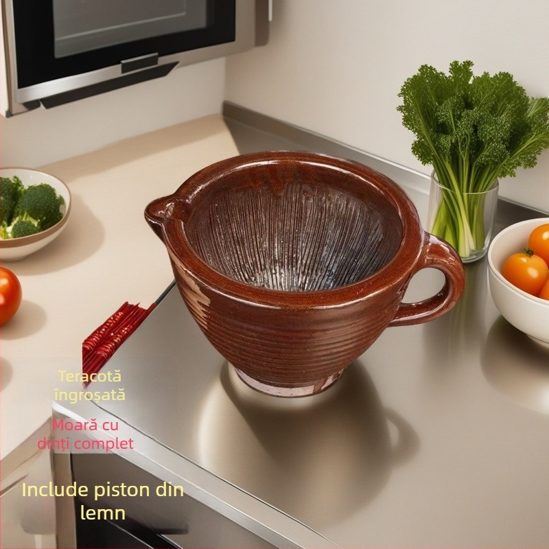Mortar and pestle set for home use with wooden pestle, dense-tooth pattern, versatile grinder for chili peppers, century egg, garlic, and rice paste.