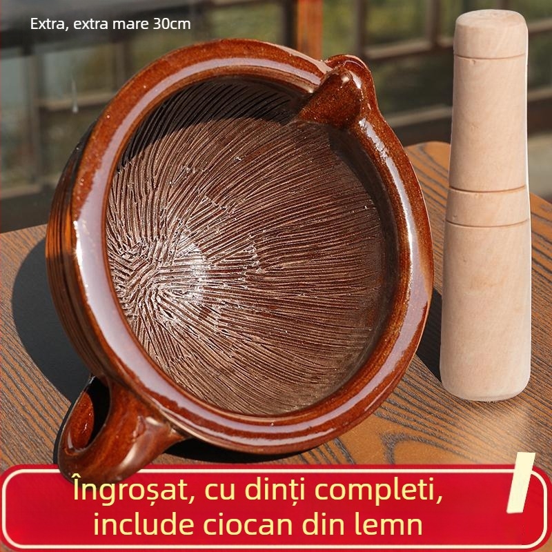 Mortar and pestle set for home use with wooden pestle, dense-tooth pattern, versatile grinder for chili peppers, century egg, garlic, and rice paste.