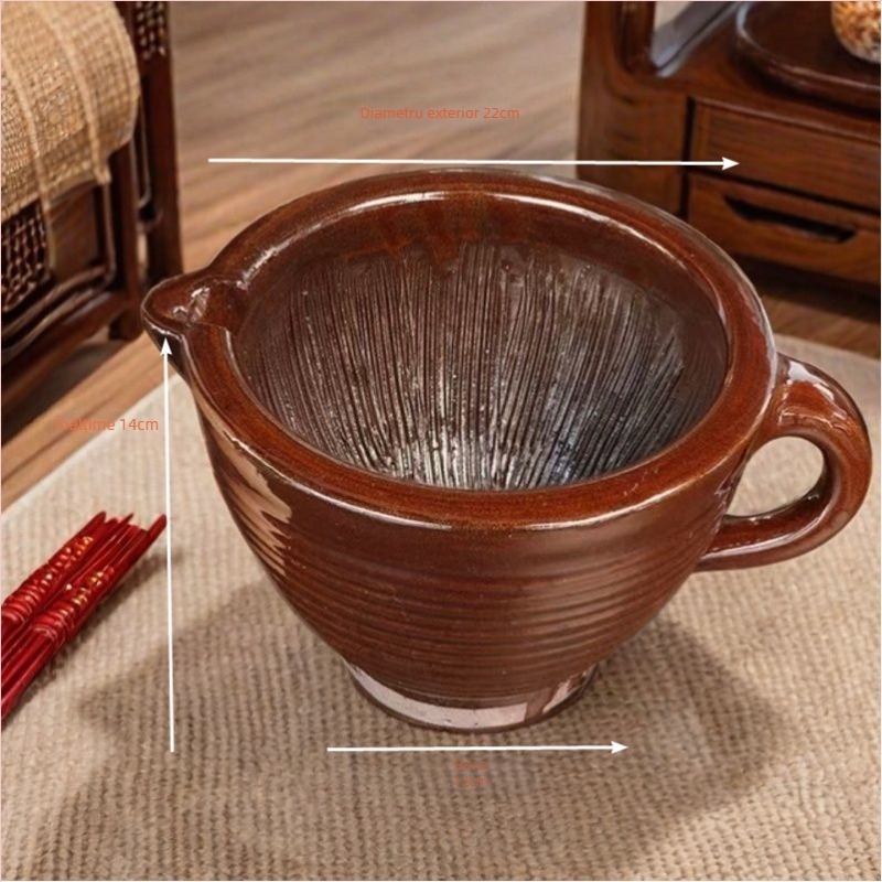 Mortar and pestle set for home use with wooden pestle, dense-tooth pattern, versatile grinder for chili peppers, century egg, garlic, and rice paste.