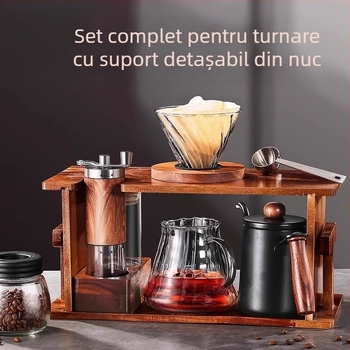 Set pour-over de cafea cu suport din lemn, râșniță manuală și echipament pentru uz casnic