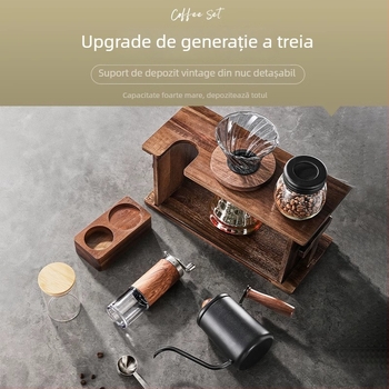 Set pour-over de cafea cu suport din lemn, râșniță manuală și echipament pentru uz casnic