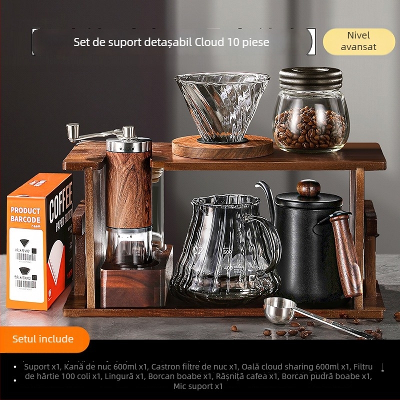 Set pour-over de cafea cu suport din lemn, râșniță manuală și echipament pentru uz casnic