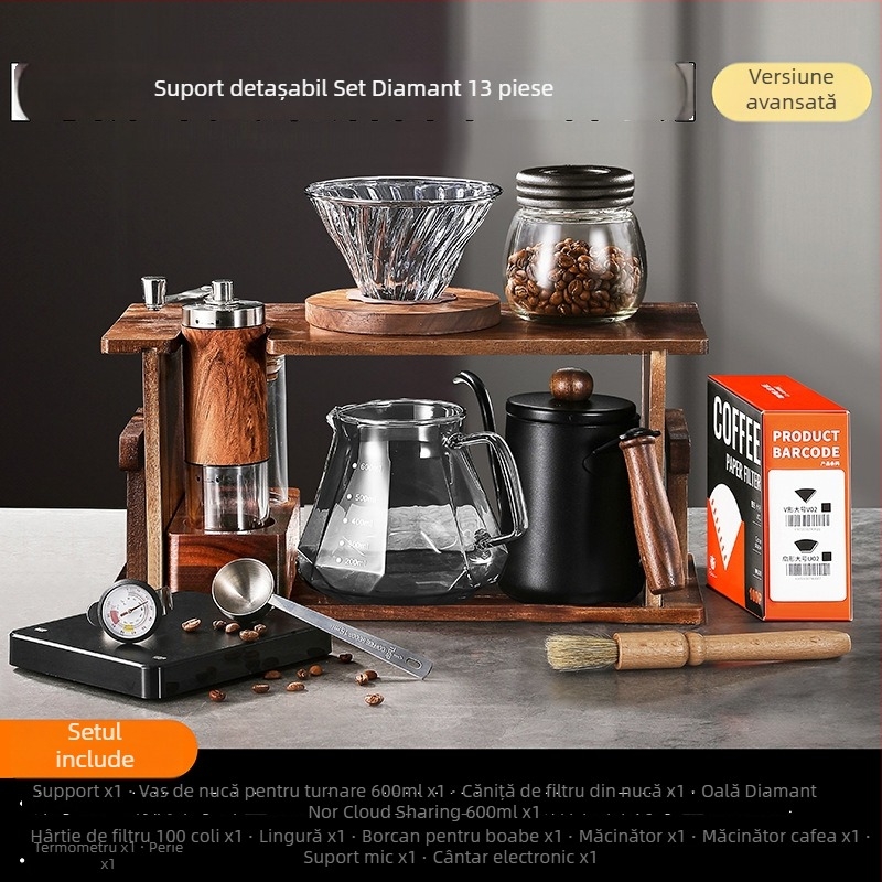 Set pour-over de cafea cu suport din lemn, râșniță manuală și echipament pentru uz casnic