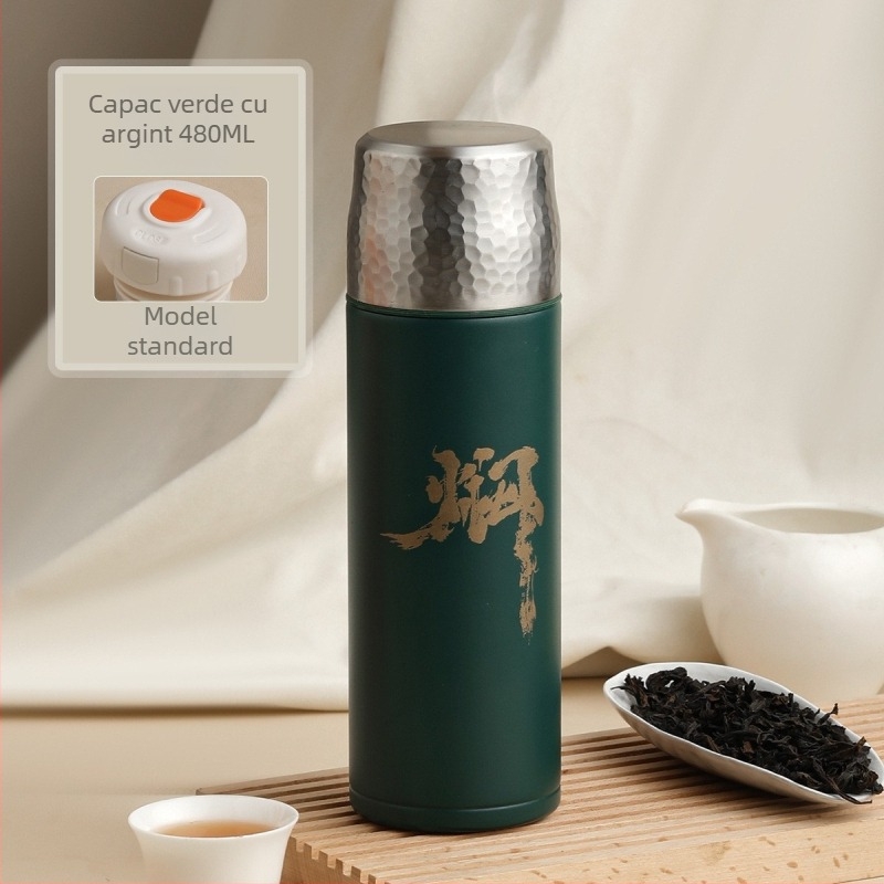 Cană termos izolată cu capac ciocănit, interior din oțel inoxidabil 316, izolație 0-6 ore, afișaj temperatură, separare ceai-apă