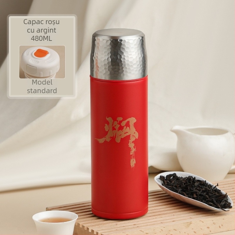 Cană termos izolată cu capac ciocănit, interior din oțel inoxidabil 316, izolație 0-6 ore, afișaj temperatură, separare ceai-apă