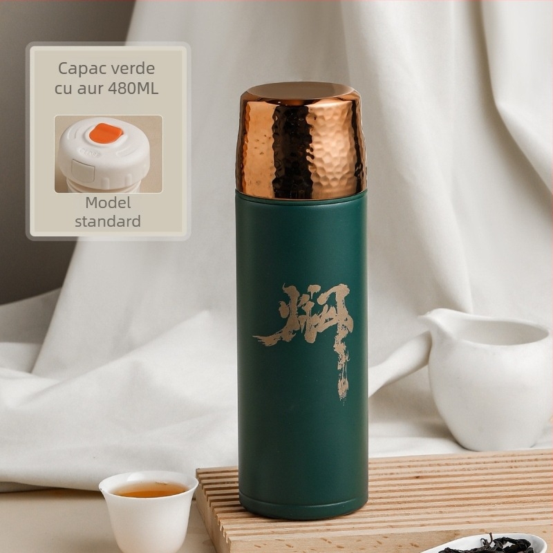 Cană termos izolată cu capac ciocănit, interior din oțel inoxidabil 316, izolație 0-6 ore, afișaj temperatură, separare ceai-apă