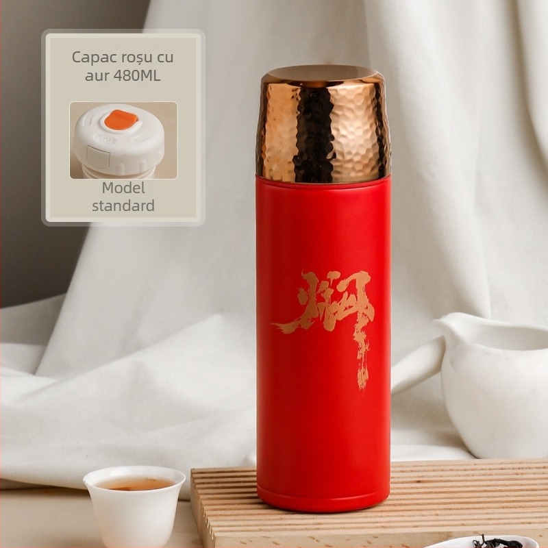 Cană termos izolată cu capac ciocănit, interior din oțel inoxidabil 316, izolație 0-6 ore, afișaj temperatură, separare ceai-apă