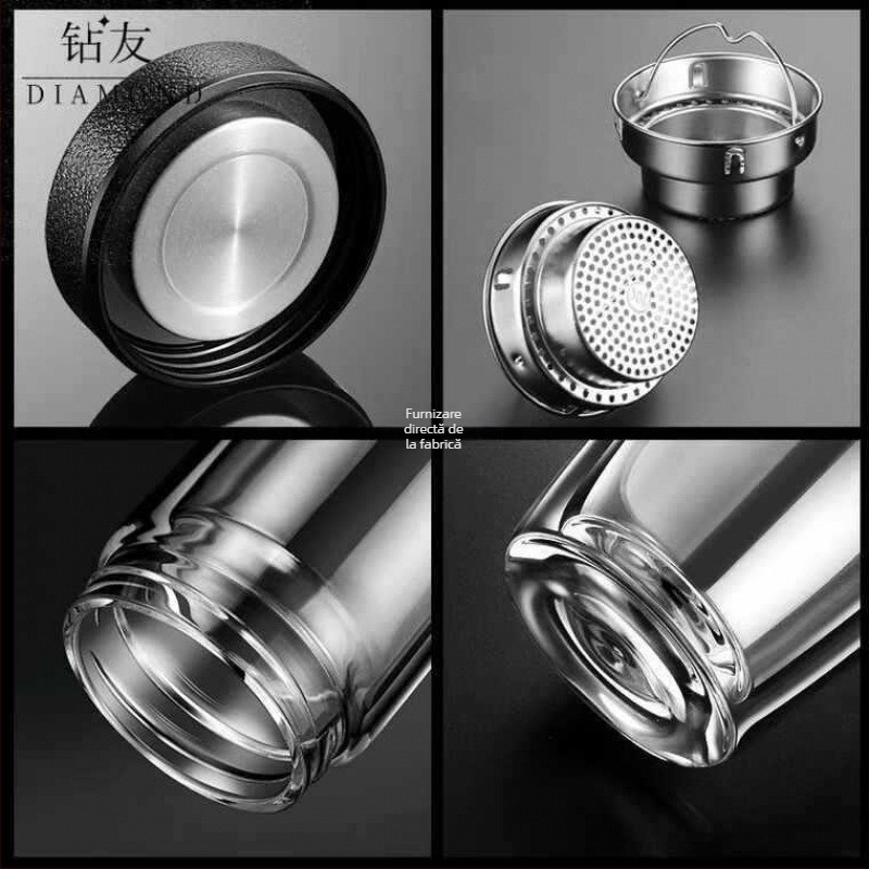 Pahar din sticlă borosilicat cu pereți dubli, rezistent la temperaturi înalte, destinat utilizării auto; potrivit pentru ceai; design simplu, fără mâner sau capac; finisaj sablat.