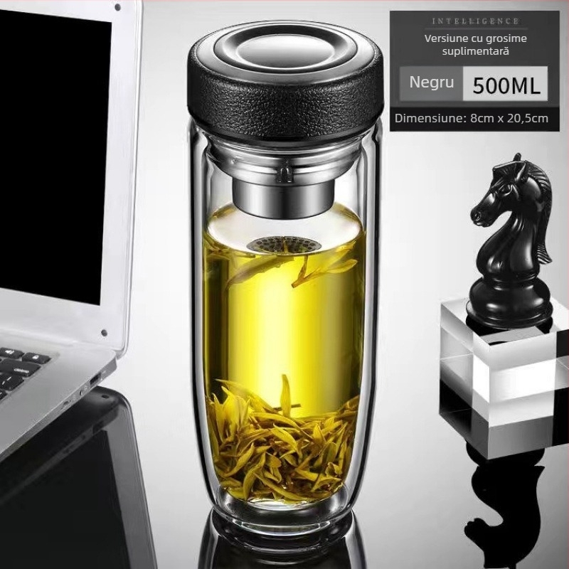 Pahar din sticlă borosilicat cu pereți dubli, rezistent la temperaturi înalte, destinat utilizării auto; potrivit pentru ceai; design simplu, fără mâner sau capac; finisaj sablat.