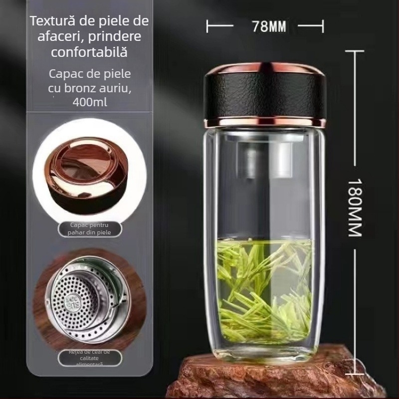 Pahar din sticlă borosilicat cu pereți dubli, rezistent la temperaturi înalte, destinat utilizării auto; potrivit pentru ceai; design simplu, fără mâner sau capac; finisaj sablat.