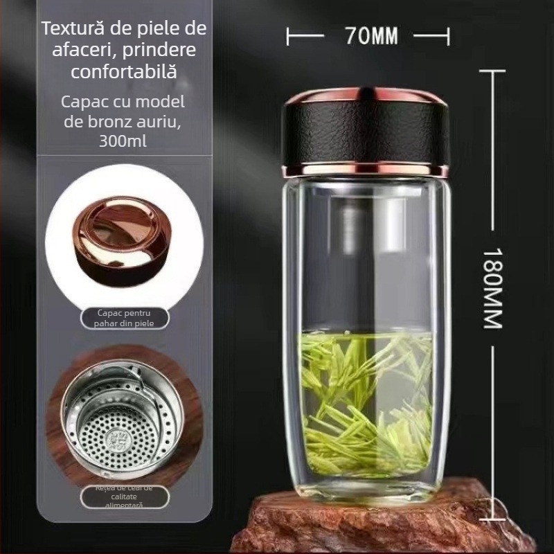 Pahar din sticlă borosilicat cu pereți dubli, rezistent la temperaturi înalte, destinat utilizării auto; potrivit pentru ceai; design simplu, fără mâner sau capac; finisaj sablat.