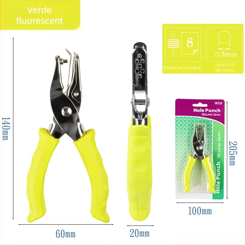 Perforator de hârtie manual, cu mâner din cauciuc, model 3012, marca Yishen, cu 1 gaură, grosime perforare: 2