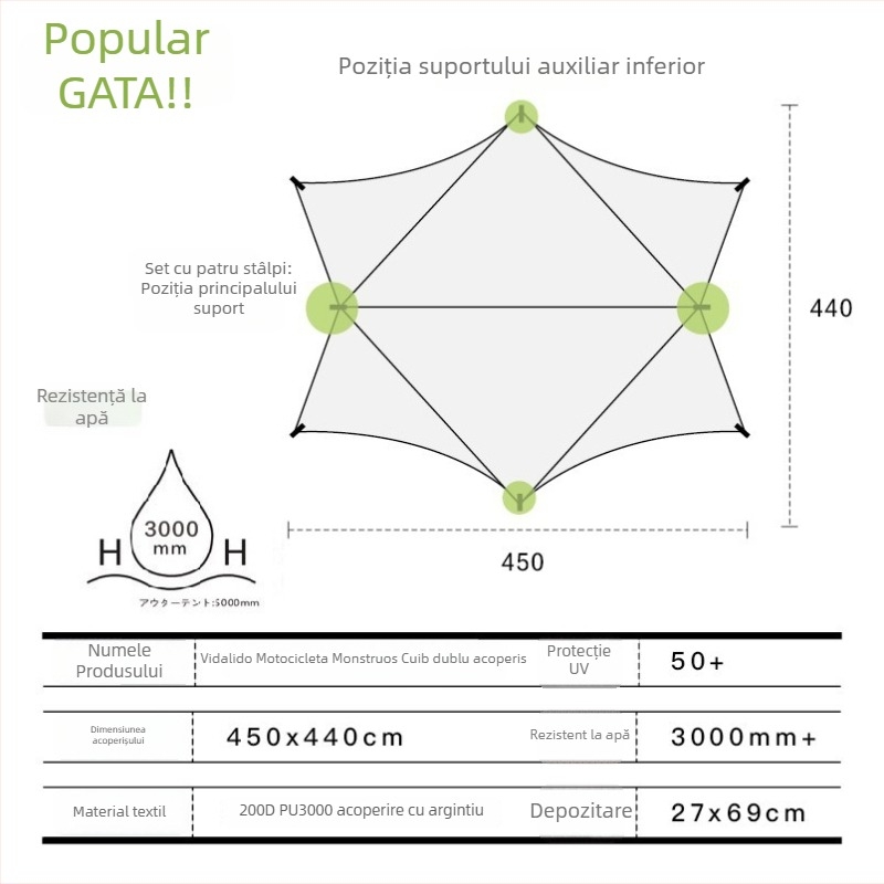 Tendă de camping în aer liber, cu formă de fluture, material Oxford, impermeabilitate 3000mm, montaj manual, cadru din fier