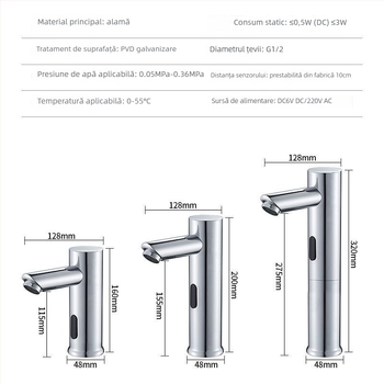 Robinet de chiuvetă cu senzor pentru blat – disc ceramic, monocomandă, activare prin senzor, oțel inoxidabil