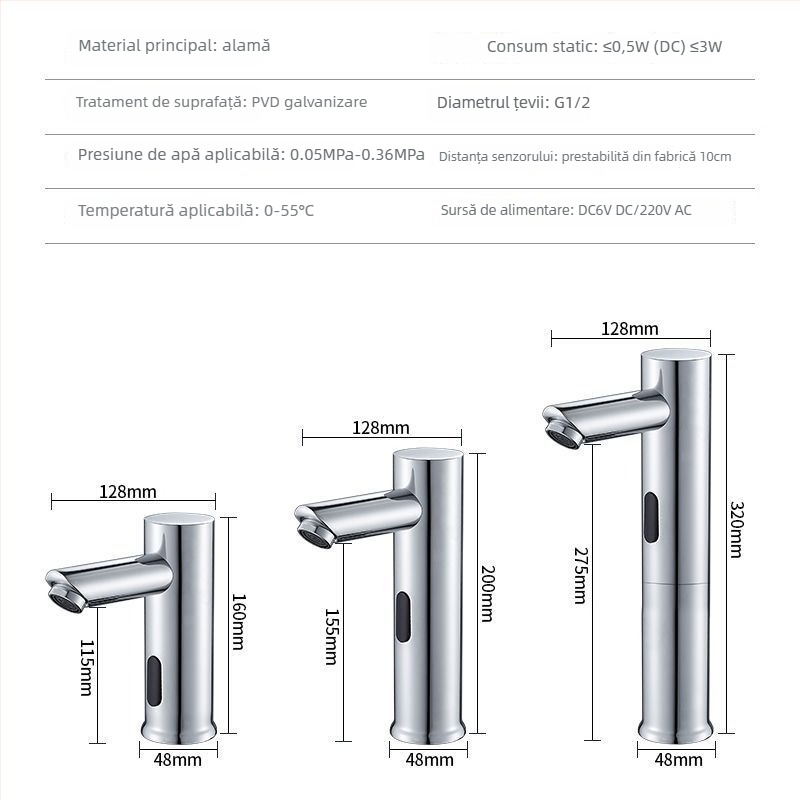 Robinet de chiuvetă cu senzor pentru blat – disc ceramic, monocomandă, activare prin senzor, oțel inoxidabil