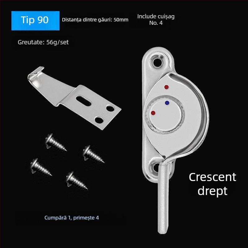 Set de 4 bucăți Crescent pentru ferestre – stânga/dreapta Crescent, Monlech Stainless steel safety crescent lock, carcasă din oțel inoxidabil + bază cromată