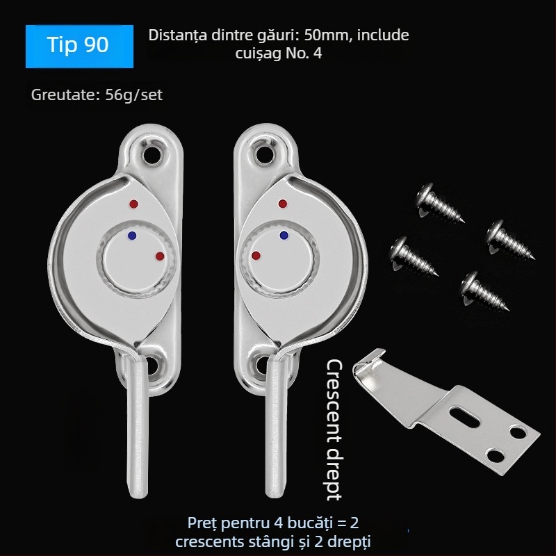 Set de 4 bucăți Crescent pentru ferestre – stânga/dreapta Crescent, Monlech Stainless steel safety crescent lock, carcasă din oțel inoxidabil + bază cromată