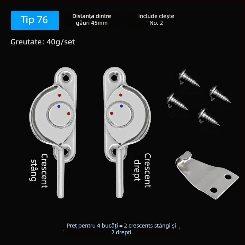 Set de 4 bucăți Crescent pentru ferestre – stânga/dreapta Crescent, Monlech Stainless steel safety crescent lock, carcasă din oțel inoxidabil + bază cromată