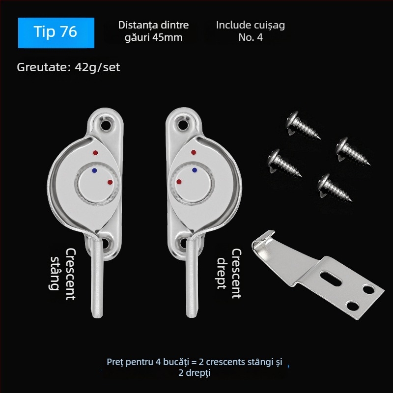 Set de 4 bucăți Crescent pentru ferestre – stânga/dreapta Crescent, Monlech Stainless steel safety crescent lock, carcasă din oțel inoxidabil + bază cromată