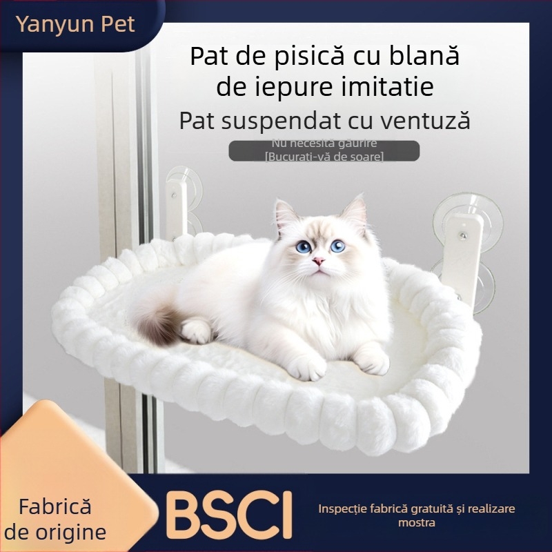 Hamac pliabil din pluș pentru pisici, pentru fereastră – ventuze puternice pentru agățare, utilizare în interior, pentru pisici, sezoane iarnă/primăvară/toamnă