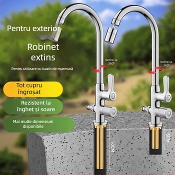 Robinet de apă antiîngheț pentru exterior, pentru lavoar de curte, cupru, robinet amestec cu rotire la 360°, disc ceramic, model cu piuliță extinsă, 0–99°C