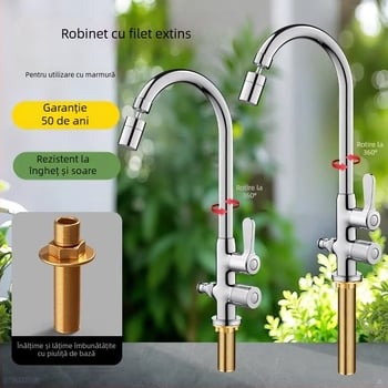 Robinet de apă antiîngheț pentru exterior, pentru lavoar de curte, cupru, robinet amestec cu rotire la 360°, disc ceramic, model cu piuliță extinsă, 0–99°C