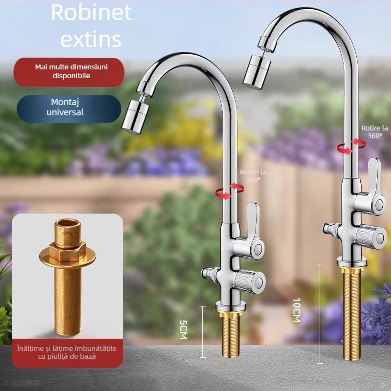 Robinet de apă antiîngheț pentru exterior, pentru lavoar de curte, cupru, robinet amestec cu rotire la 360°, disc ceramic, model cu piuliță extinsă, 0–99°C