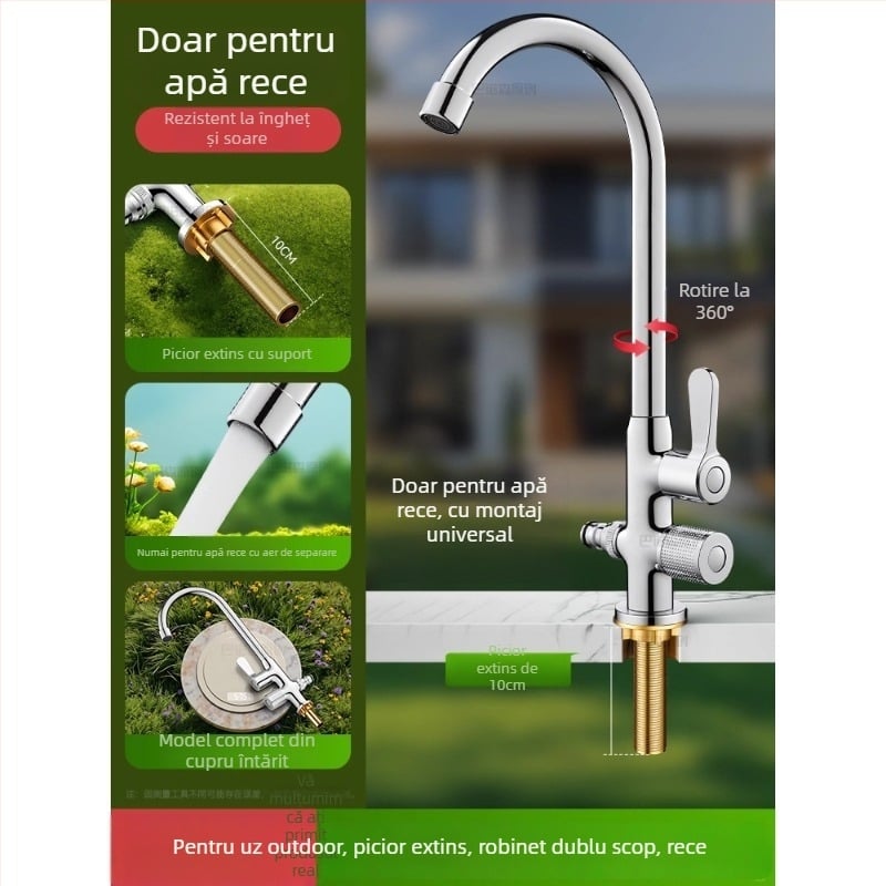 Robinet de apă antiîngheț pentru exterior, pentru lavoar de curte, cupru, robinet amestec cu rotire la 360°, disc ceramic, model cu piuliță extinsă, 0–99°C