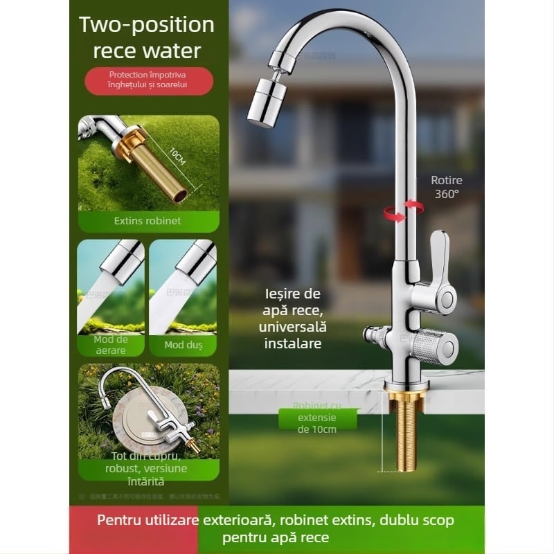 Robinet de apă antiîngheț pentru exterior, pentru lavoar de curte, cupru, robinet amestec cu rotire la 360°, disc ceramic, model cu piuliță extinsă, 0–99°C