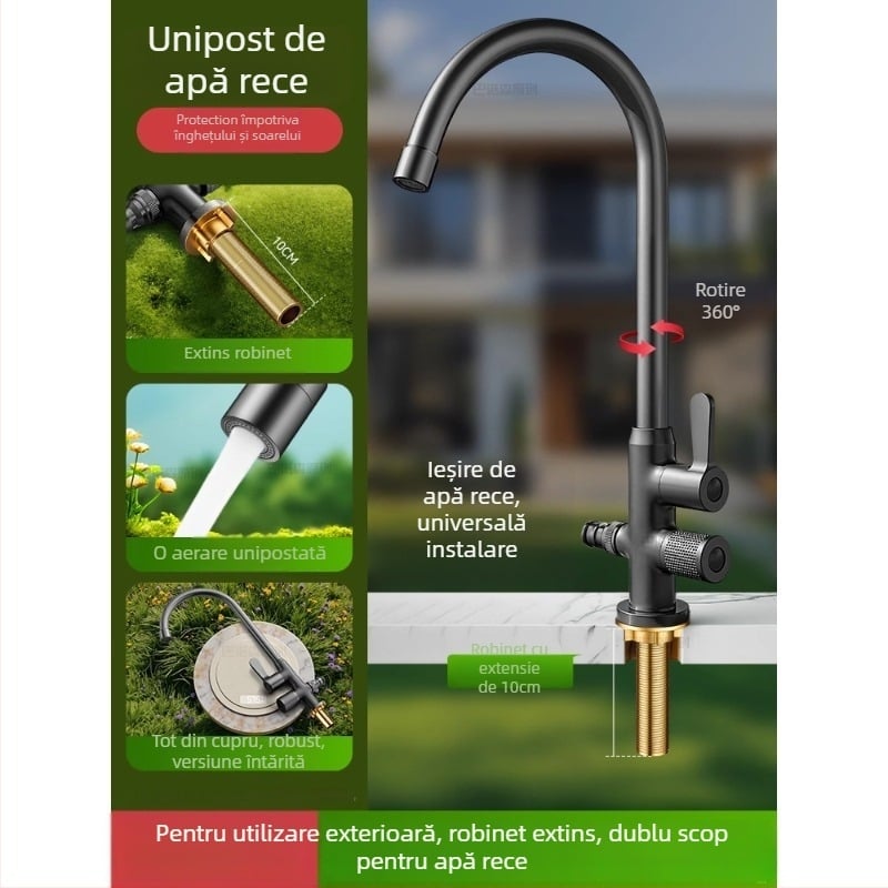 Robinet de apă antiîngheț pentru exterior, pentru lavoar de curte, cupru, robinet amestec cu rotire la 360°, disc ceramic, model cu piuliță extinsă, 0–99°C