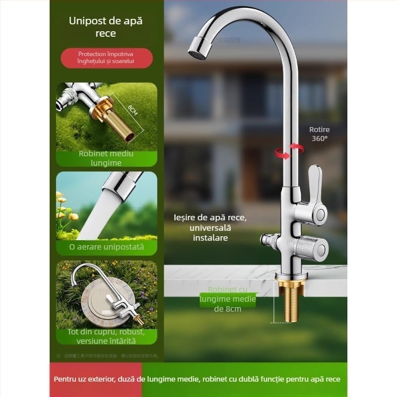 Robinet de apă antiîngheț pentru exterior, pentru lavoar de curte, cupru, robinet amestec cu rotire la 360°, disc ceramic, model cu piuliță extinsă, 0–99°C